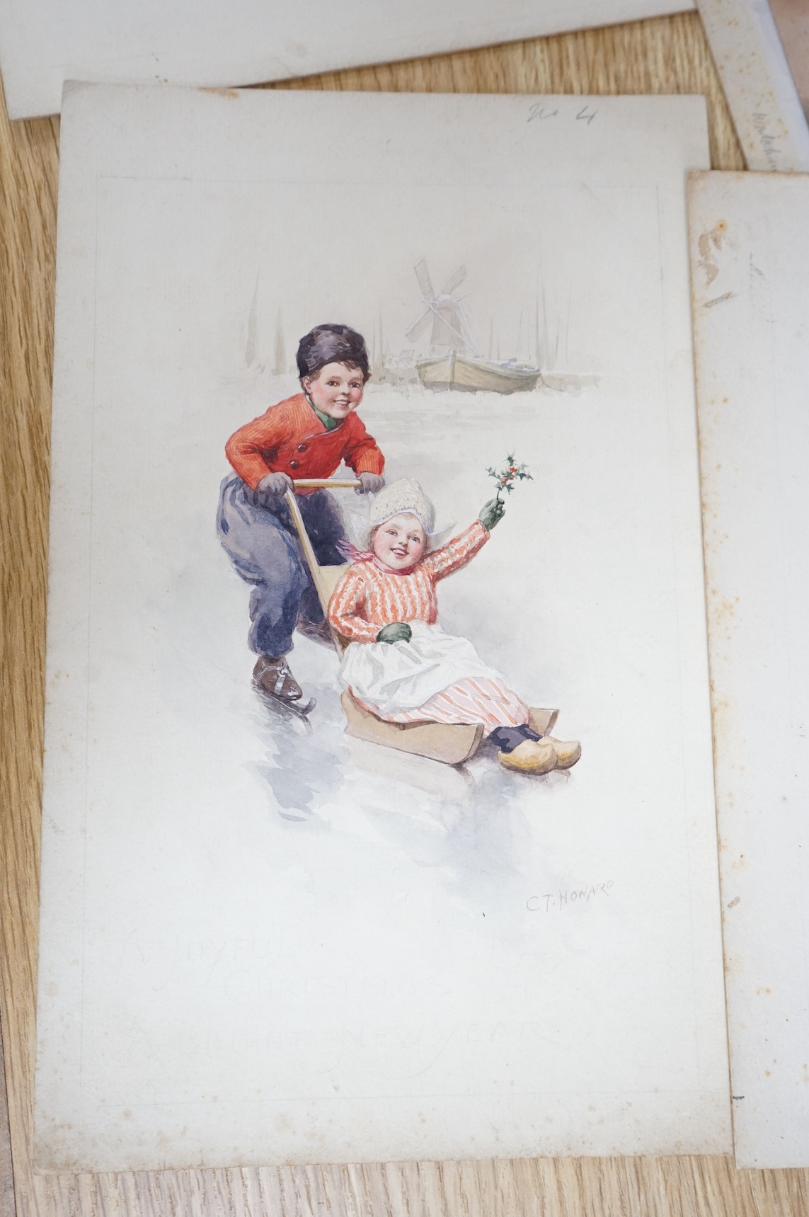 Charles Thomas Howard (1865-1942), a set of four original watercolours for postcard designs, Dutch children to include; ‘Waiting for Father’, ‘The Dog Cart’ and ‘The Sled’, three signed, unframed, largest 19 x 24cm. Cond